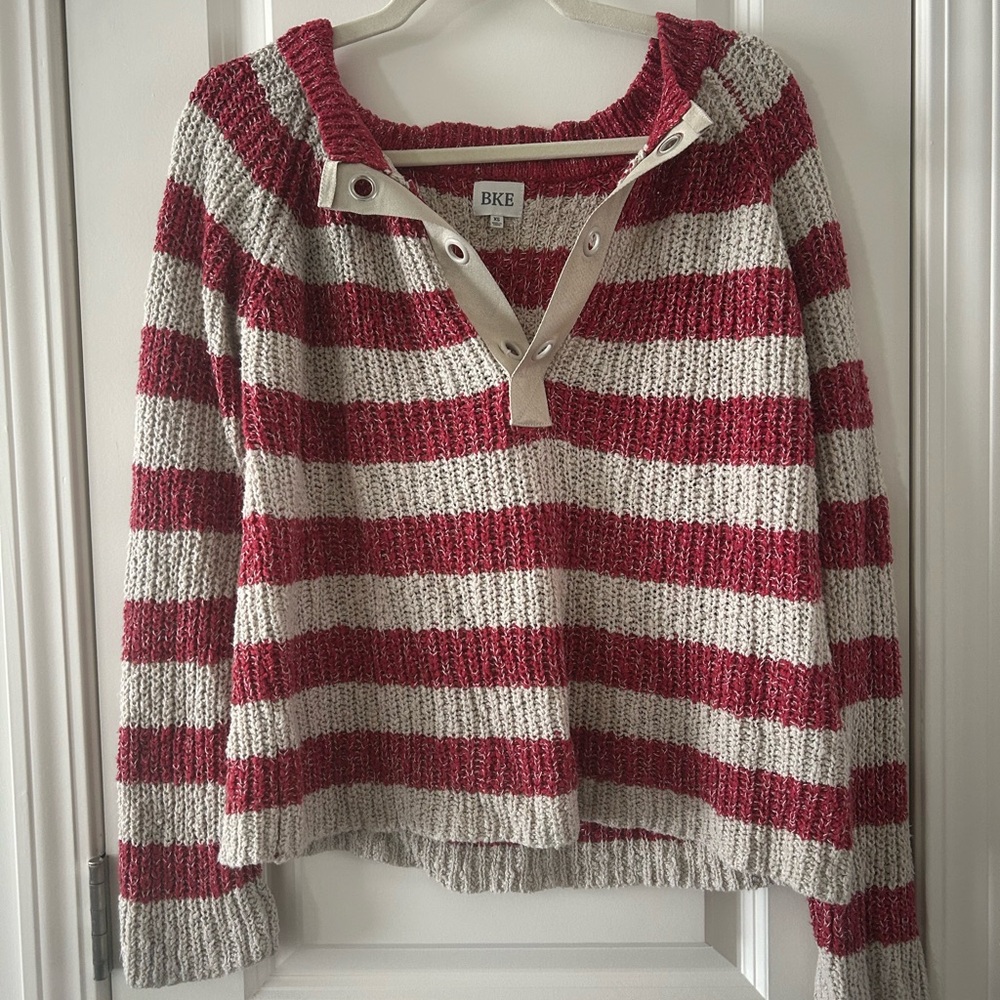 BKE Burgundy and Cream Striped V-Neck Sweater